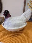Pristine Fenton Large Hen On Nest Milk Glass with Purple Slag Basket