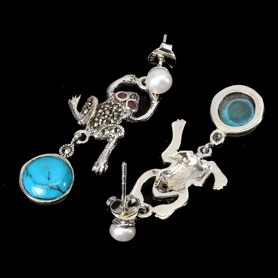 Orecchini in Argento Sterling 925 Stabilizzato Turchese Perla Rubino... - Immagine 3 di 4