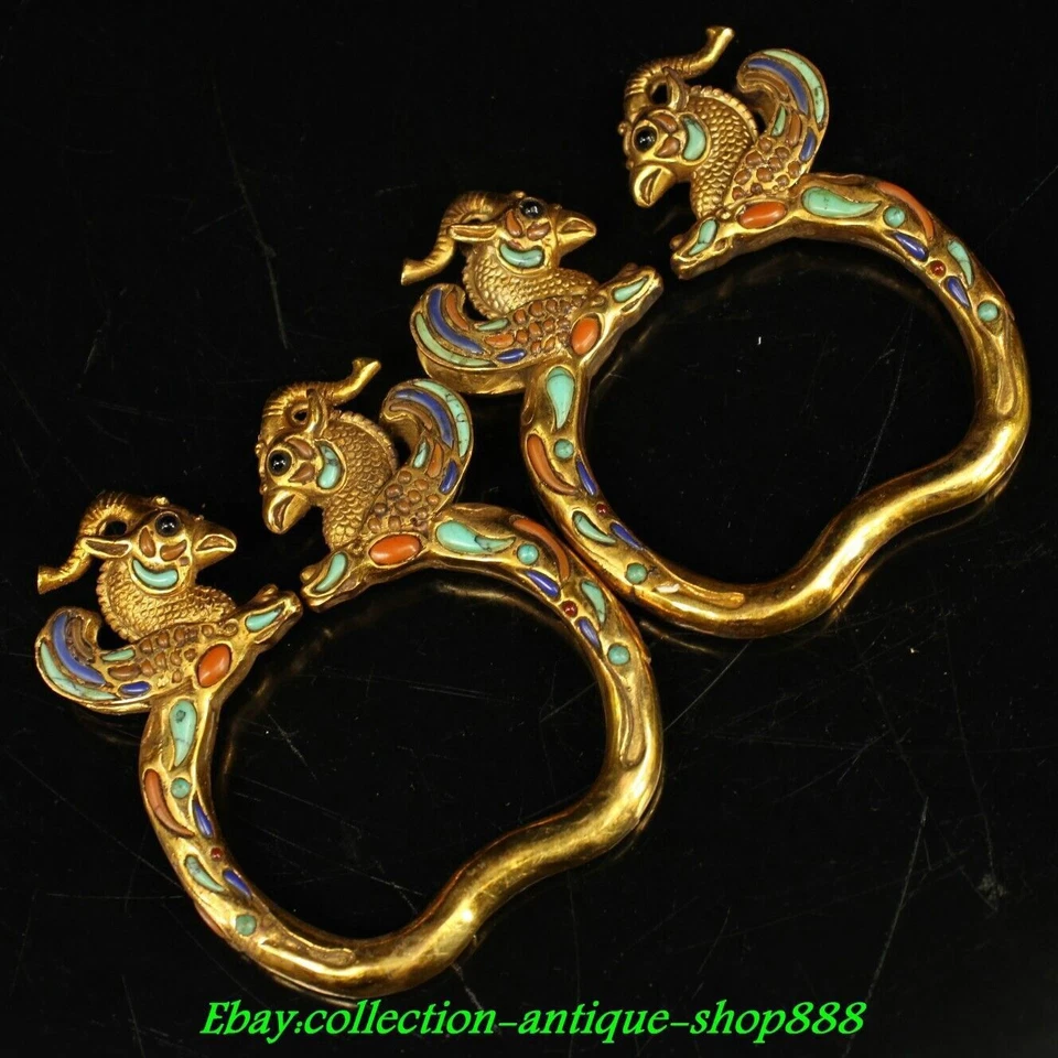 China Bronze Gilt inlay Turquoise Phoenix Noble People Bracelet Hand chain Pair - Image 2 of 4