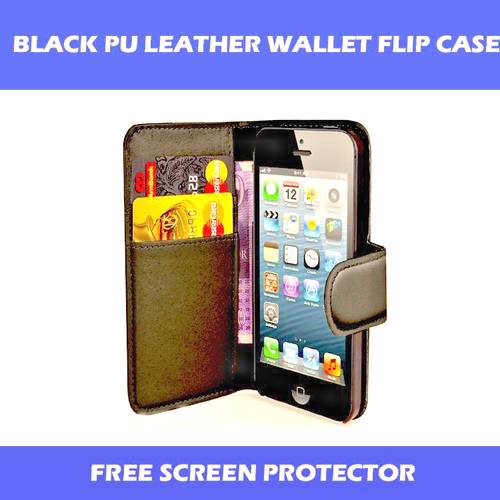 BLACK PU LEATHER FLIP WALLET CASE FOR iPHONE 6/6S WITH FREE SCREEN