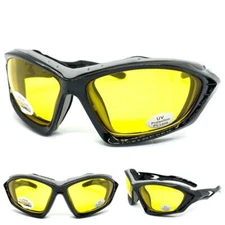 MOTORCYCLE Night Riding Padded Safety Protective SUN GLASSES GOGGLES Yellow Lens