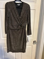 NEW Calvin Klein Brown Bronze Metallic Gold Shimmer Wrap Dress Knot Detail SZ 10