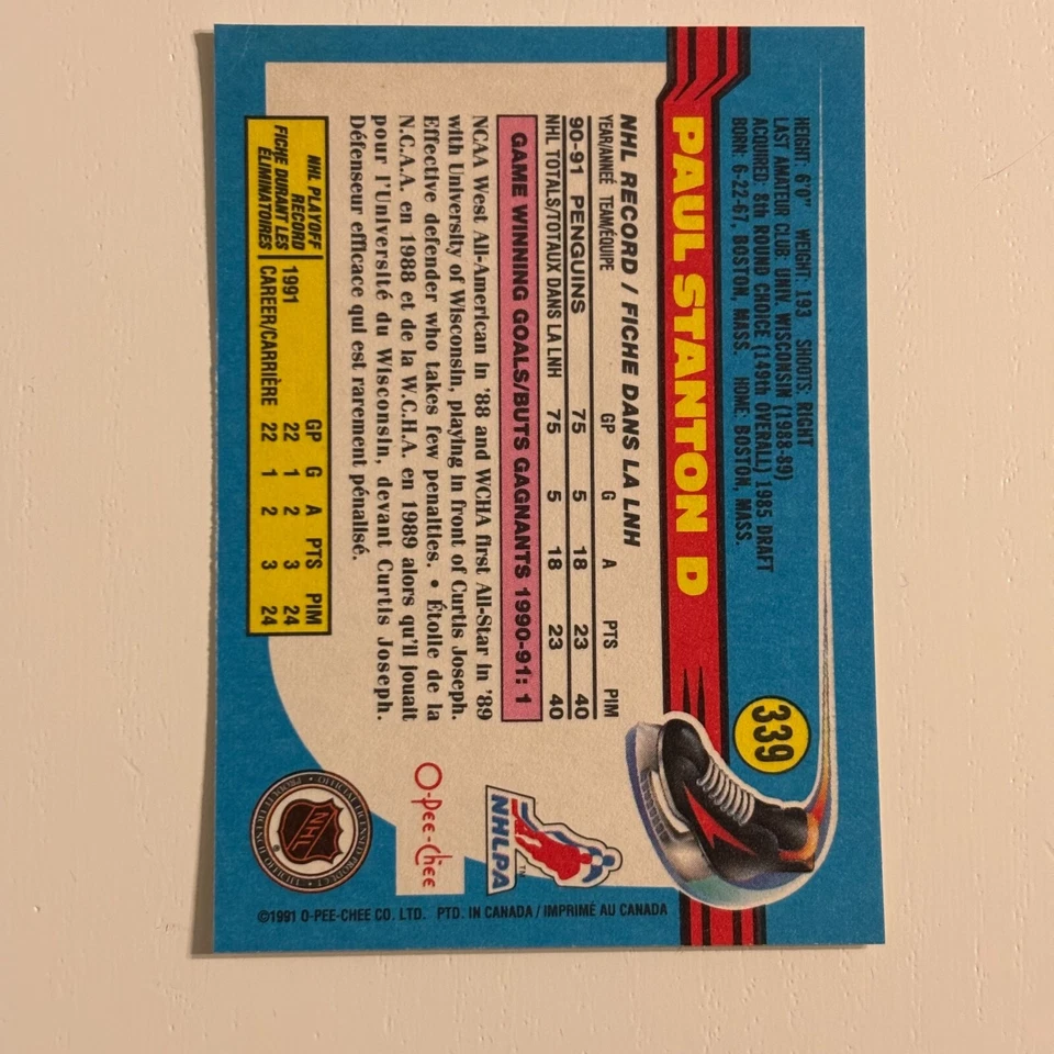 1991-92 Topps - #339 Paul Stanton - PENGUINS - BUY 2 GET 2 FREE - Image 2 of 2