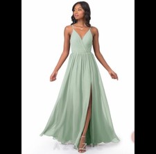 Azazie Gracie A-Line Pleated Chiffon Floor-Length Dress Agave Size J16 NWT