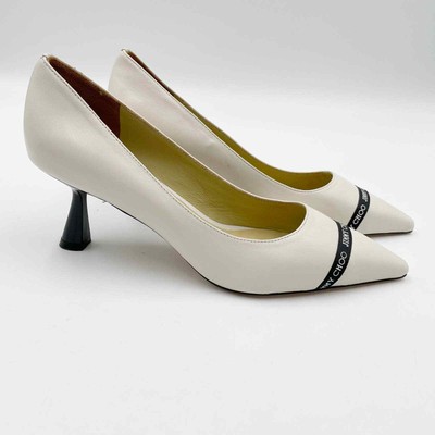 NEW Jimmy Choo Rene 65 Latte Nappa Ivory Pumps Logo Strip Pointed