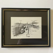 Hal Mize Seattle Ballard Locks Cut Water Boats Black Gold Frame Print 8 X 10