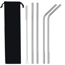 Set of 4 Reusable Metal Straws, Long Stainless Steel Straw with Cleaning Brushes