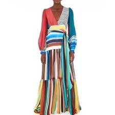 Farm Rio Thalita Stripe Maxi Dress Mixed Stripe Long Sleeve Beaded Cuffs Small