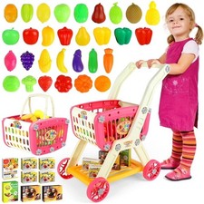 Kids Shopping Cart Pretend Play Grocery Store Game W/Accessories 40pcs Set, Red