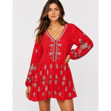 Free People Embroidered Red Mini Dress Tunic Boho V-Neck Balloon Sleeve XS