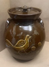 Vtg Jugtown Ware Pottery Large Cookie Jar Brown Bird Pattern Approximately 10”