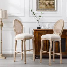 French Country Wooden Barstools Rattan Back With Upholstered Seating , Beige and