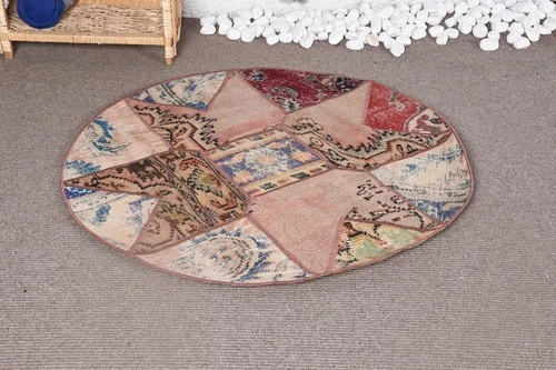 3,3x3,3 ft Vintage Round Rug, Brown Red Turkish Moroccan Wool Rug