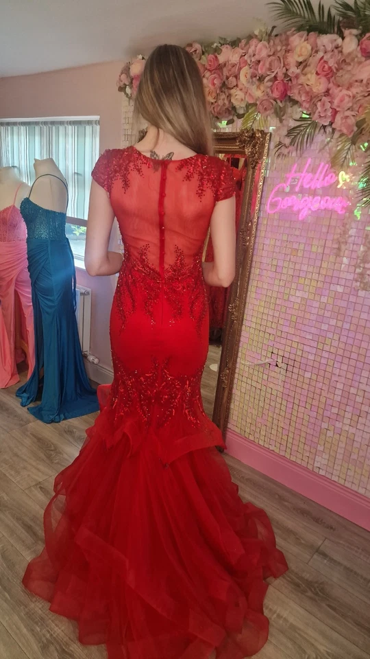 Jovani Red Fishtail Formal Prom Bridesmaids Evening Dress Gown UK 10 - Image 2 of 4