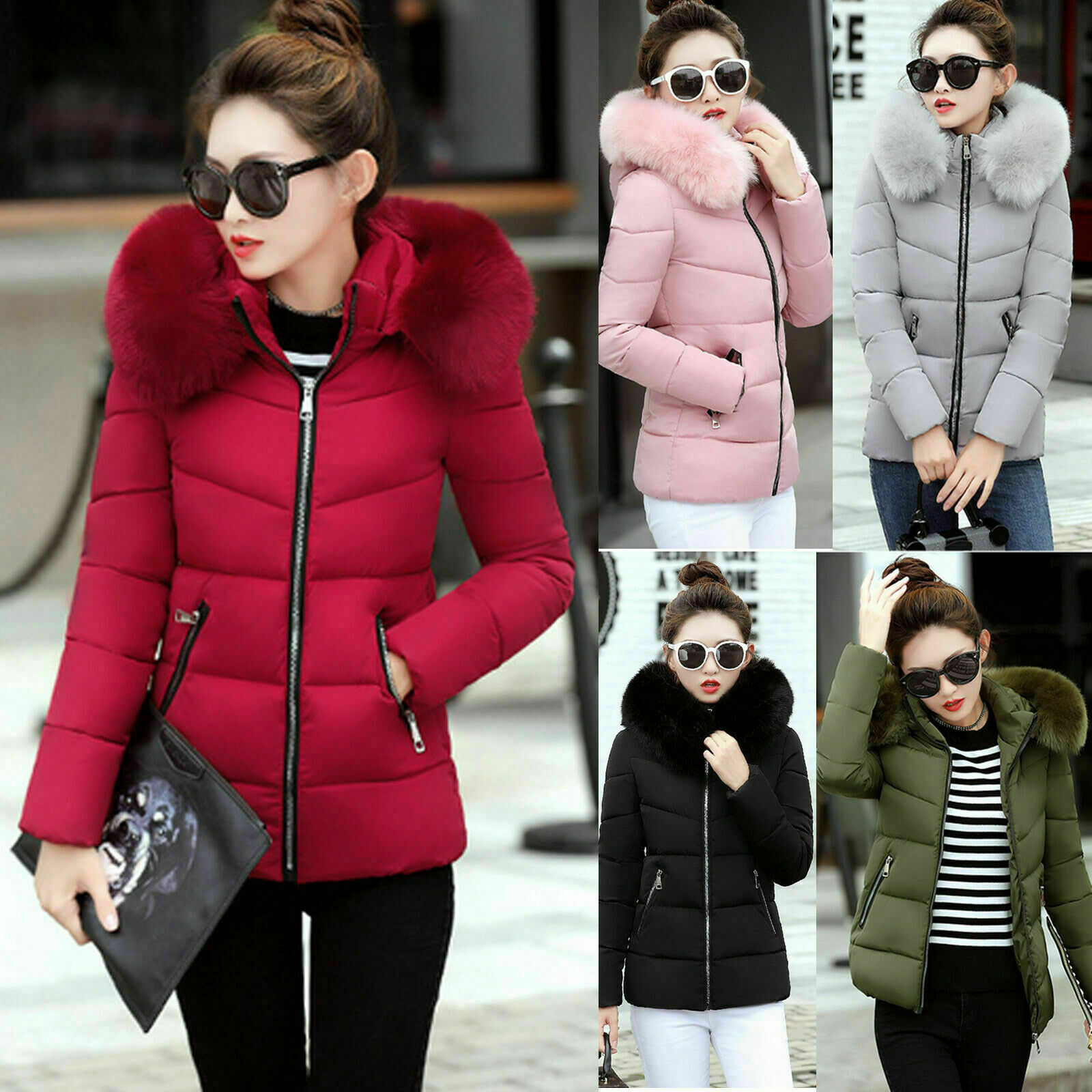 Womens Winter Coat Jacket Down Padded big Fur Collar Warm Short Hooded |  eBay