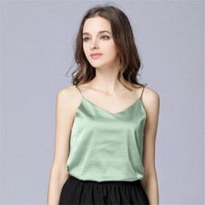 Womens silk Satin Camisole Cami Plain Strappy Vest Top Sleeveless Blouse Tank