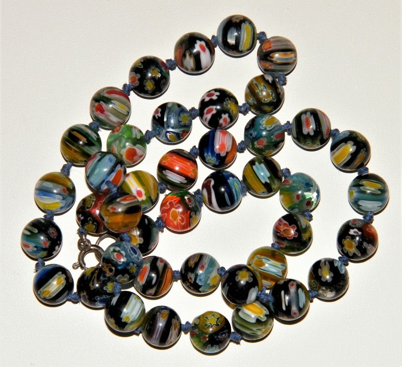 Vintage MILLEFIORI GLASS ROUND BEADS NECKLACE Sterling Silver Clasp~20" Long~EX!