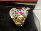 Rare 14K White & Yellow Gold Ruby & Diamond Horse Saddle Ring 8.5 Grs