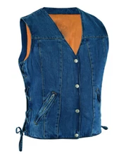 Ladies Side Laced Blue Denim Biker Style Motorcycle Concealed Carry Vest