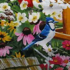 Spring Flowers Birds Red Robin Blue Jay Birdhouses 1 Yard Fabric David Textiles