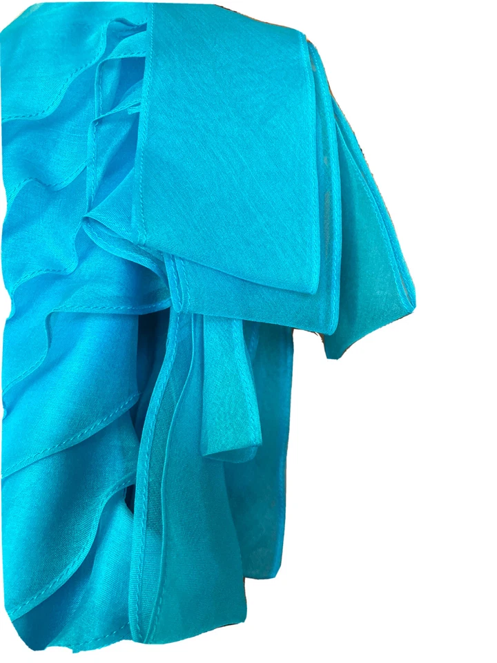 Usado en Excelente Condición Vestido Carmen Marc Valvo Para Mujer 100% Seda Volantes Un Hombro Talla 8 Verde azulado Foto 2 de 4