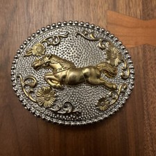 Western Gold Silver Buckle Rodeo Cowboy Running Horse Buckle