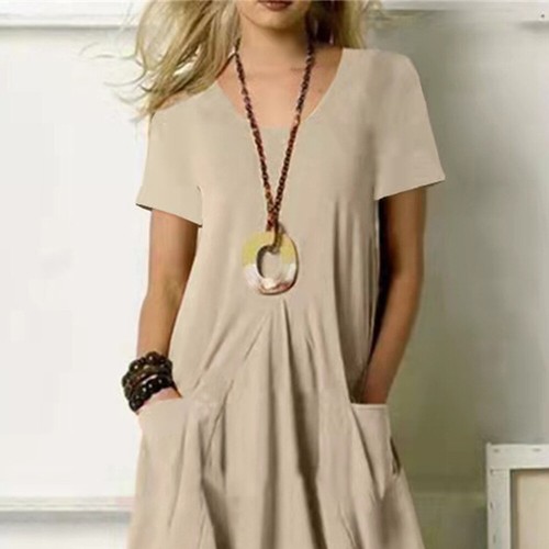 Summer Women Short Sleeve Solid Cotton Linen Smock Dress Loose Shirt Sundresses - Picture 27 of 30