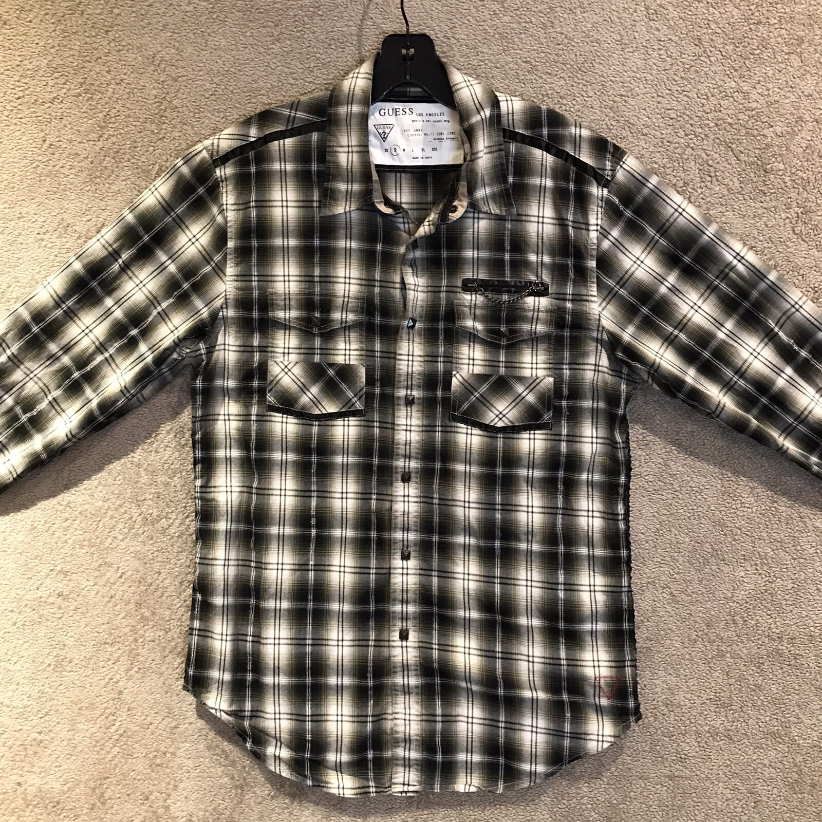 GUESS Western Cowboy Shirt with Pearl Snaps and Plaid Patchwork in Gray