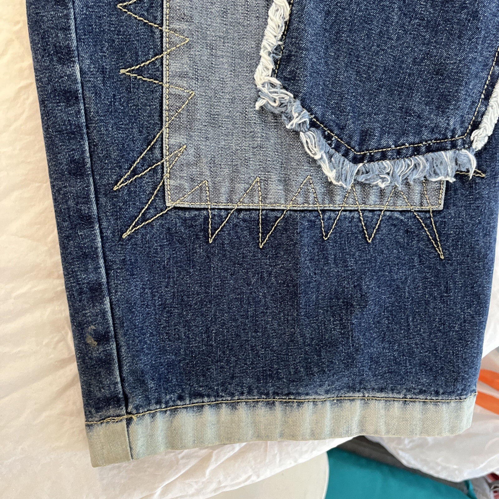 GODBODY Jeans Mens 40x32 Blue Whiskered Patched Baggy Raver Skater Hip