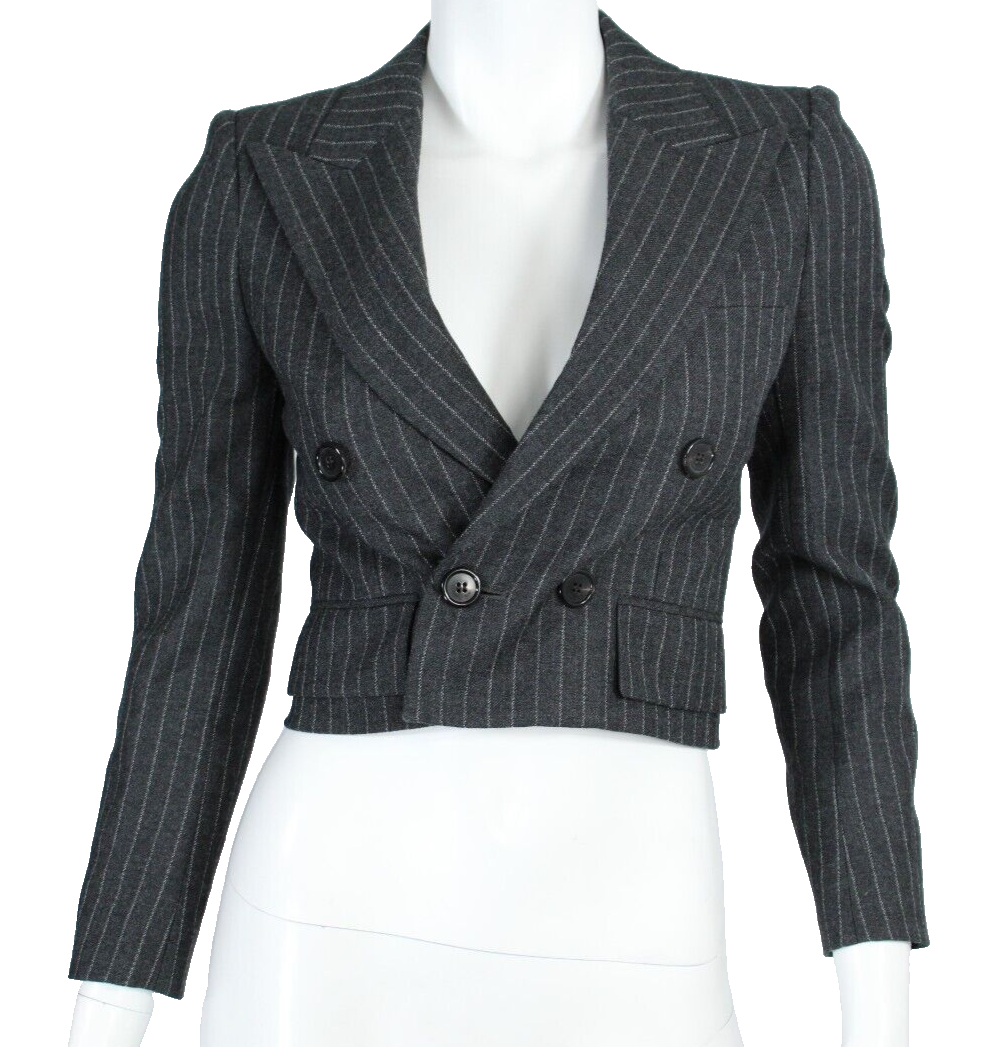 Giacca SAINT LAURENT $3.100 nuova con etichette 2023 grigia gessato lana cropped 34