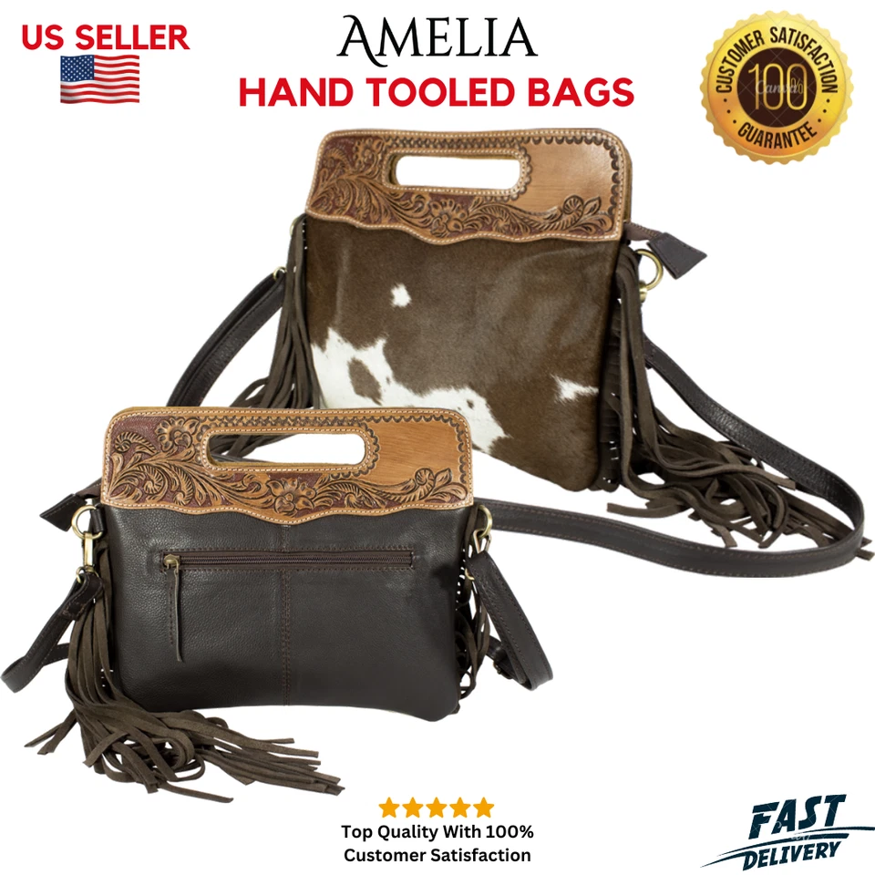 Leather Hand-Tooled Hair-on Fringe Bag with with Free Gift, Bifold Black Wallet - Image 2 of 4