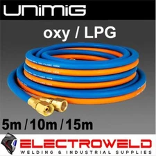 UNIMIG 5m 10m 15m Twin Gas Hose Set, Oxy LPG, Oxygen Propane Welding Blue Orange