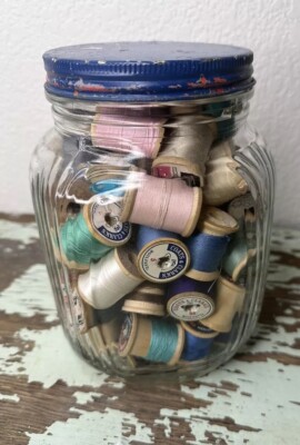Vintage Primitive Type Jar Of Sewing  Thread Items