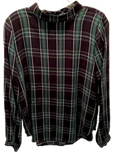 Loft Women's Size Small Navy Blue/Green/White Plaid Mock Turtleneck L/S Blouse