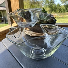 Vintage 1970s Indiana Glass 3 Piece Chip and Dip Set Clear Glass w/ Bracket