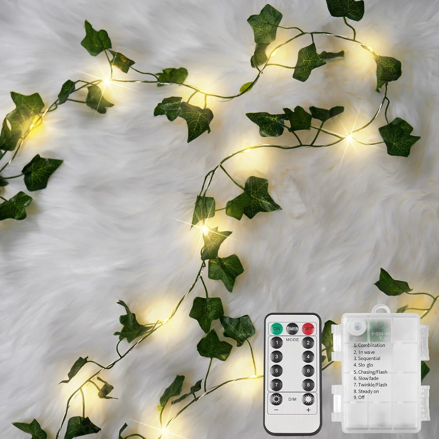Vine with Fairy Lights 33FT 100 LED Ivy Battery Operated + Remote for Room Decor
