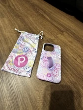 Loopy IPhone 14 Pro 6.1” Righty Phone Case Purple Smiley’s w/ Matching Dust Bag