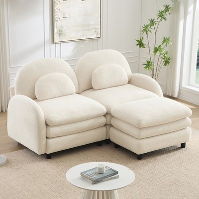 Teddy Fabric Cloud-Like Loveseat Sofa w/ Ottoman & Lumbar Pillows, Beige White