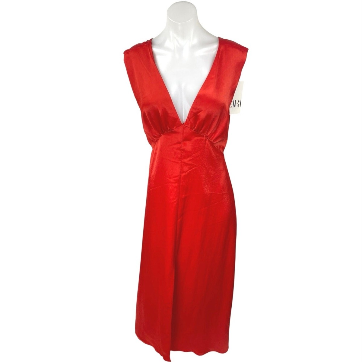NEW Zara Red Satin Silk Sleeveless Deep V Neck Slit Cutout Back Maxi Dress  Sz L | eBay