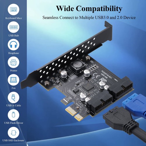 PCIE 1X to 2 Port 19Pin Expansion Card, USB 3.2 GEN1 Super Speed 5Gbps PCI Ex... - Picture 2 of 7