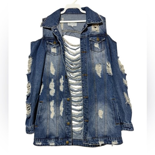 Ziva Curve Distressed Destroyed Thrashed Cold Shoulder Denim Jean Jacket Small