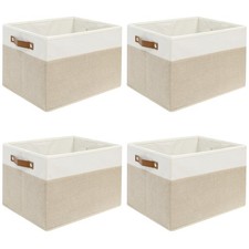 4 PCS Large Fabric Storage Basket Handle White Beige Organizer 15x13x13 Inch