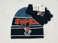 Super Mario Bros Nintendo NWT Knit Youth Hat Gloves Set Cuffed Pom Beanie