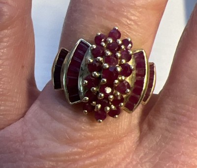 Vintage 14k Real Gold Natural Real Ruby Ring Rubies 2ct Cluster Cocktail Size 7