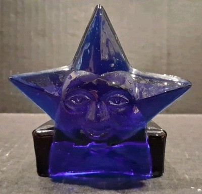 Vintage 90s Celestial Star Face Cobalt Blue Glass Tealight Votive Candle Holder