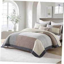 Quilt Set King Size, 100 Cotton Quilted 106"x98" King Brown/Beige/Gray