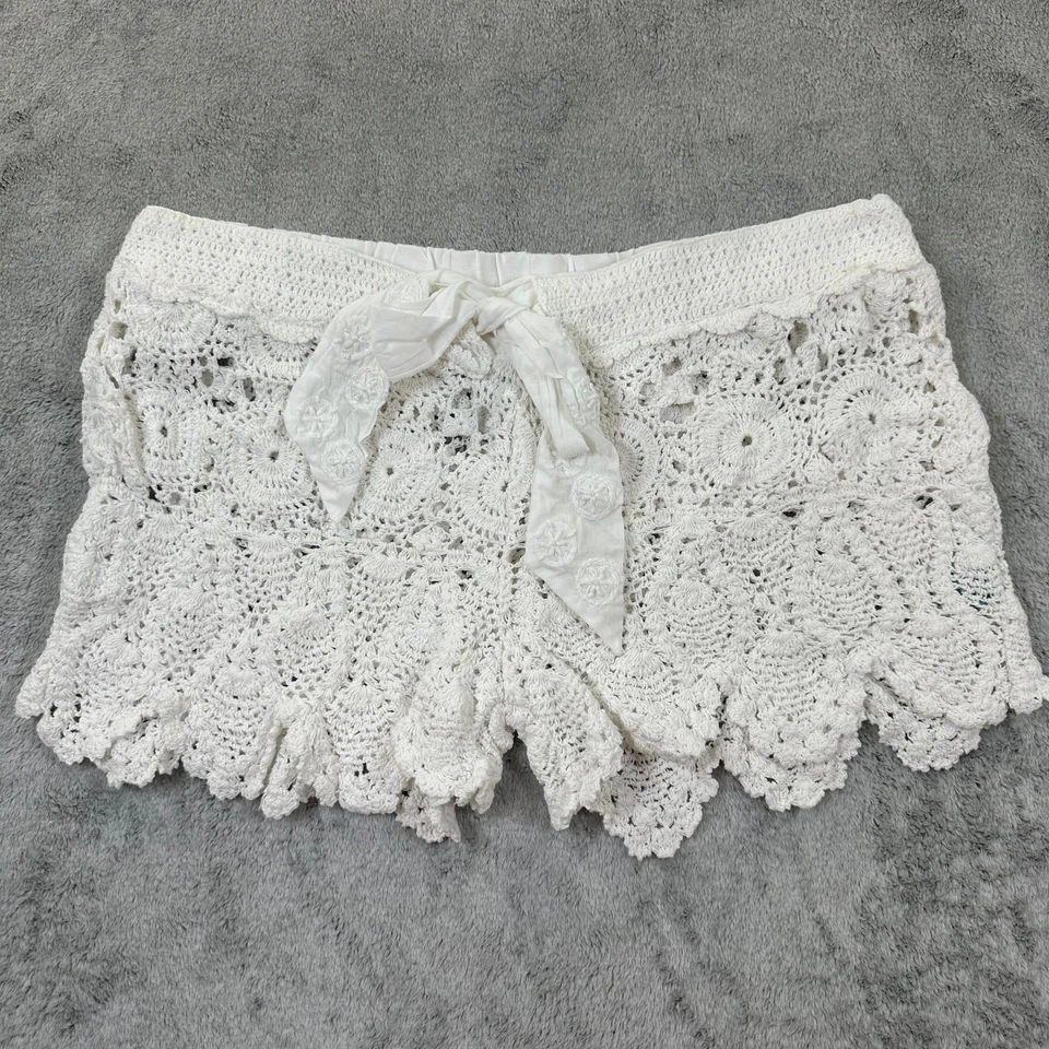 Pantalones Cortos Letarte Crochet Mujer L Blanco Algodón Cintura Atada Dobladillo Vieira Boho Ropa de Playa Foto 2 de 4