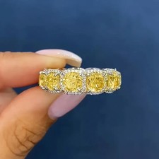 3Ctw Cushion Cut Lab Created Yellow Citrine Wedding Ring 14K White Gold Plated