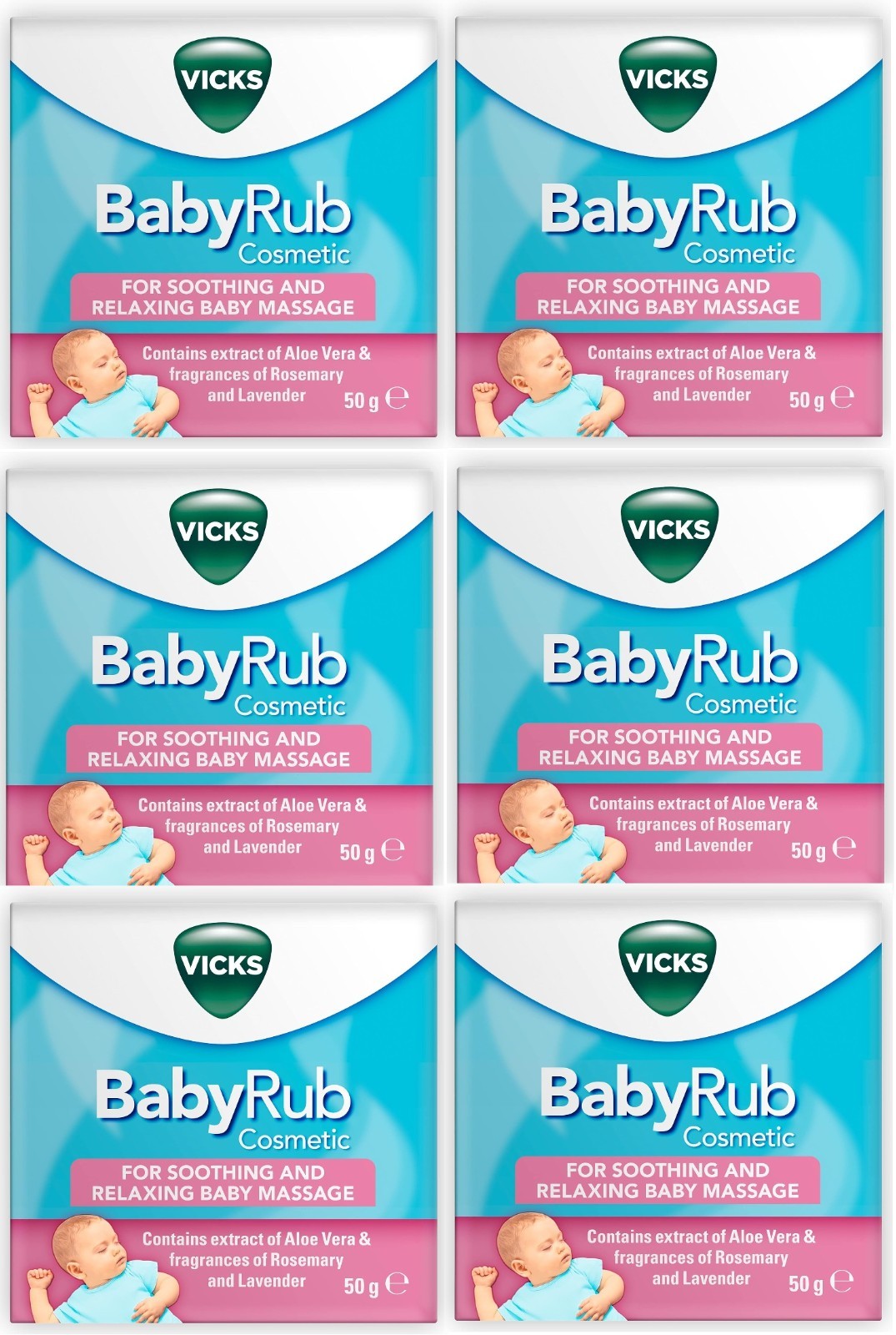 6x Vicks BabyRub 50g Baby Rub Soothing Massage Ointment Aloe Lavender Bulk Pack