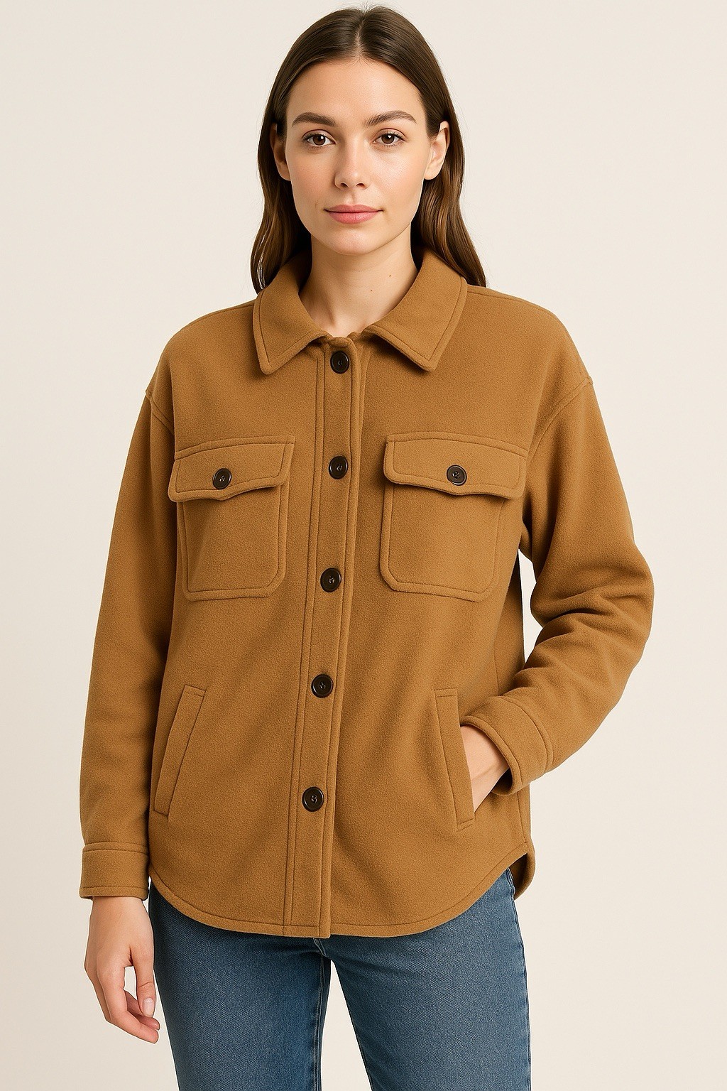 La Miel Women’s Fleece Shacket Tan Button Front  Size Small Pockets Minimalist